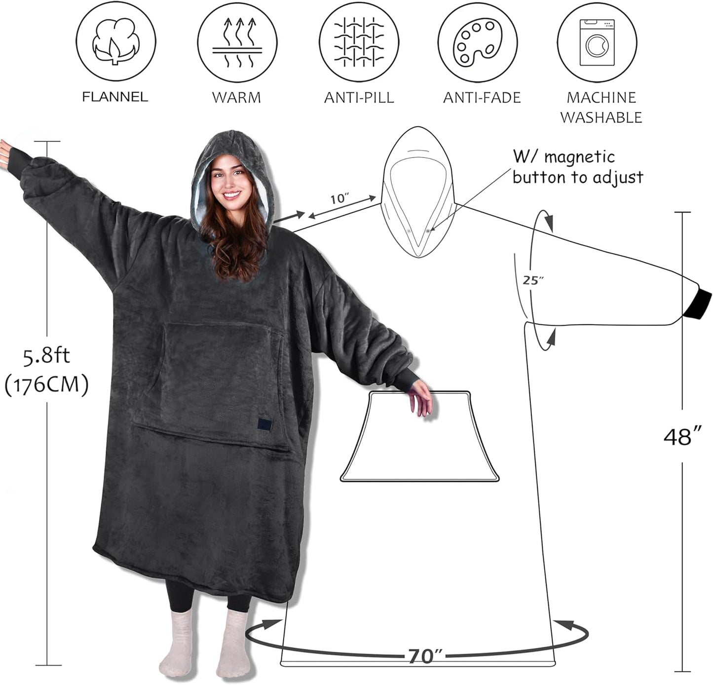 Extra Long Oversized Hoodie Blanket Sweatshirt Comfortable Sherpa Giant Wearable Blankets Christmas Gifts for Adults Men Women Teenagers Wife Girlfriend Grey